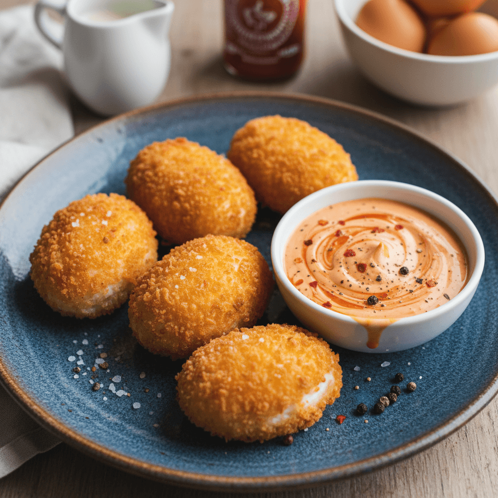 Lėkštėje patiekti auksiniai, traškiai apkepti kiaušinių puselės su šalia esančiu kremine Sriracha padažo porcija.