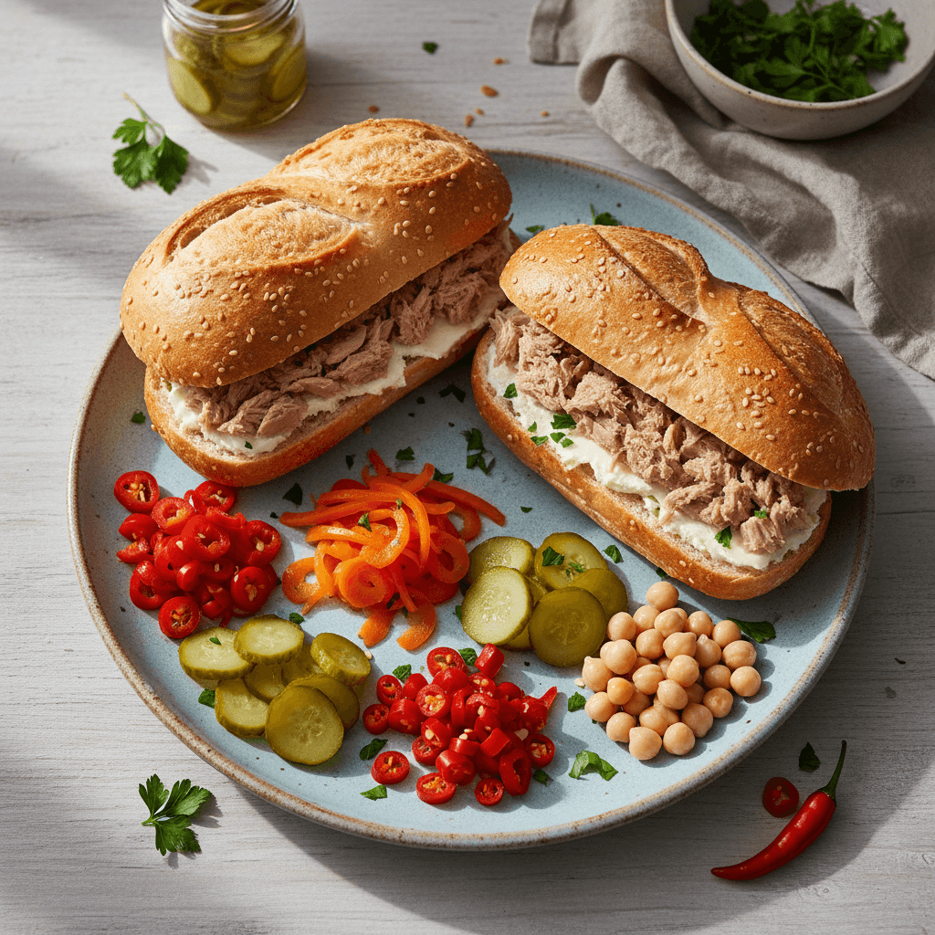 Atviras tuniso sumuštinis su tunu, kreminiu sūriu, marinuotais agurkėliais ir raudonomis daržovėmis, pagardintas smulkintais čili pipirais ir petražolėmis.