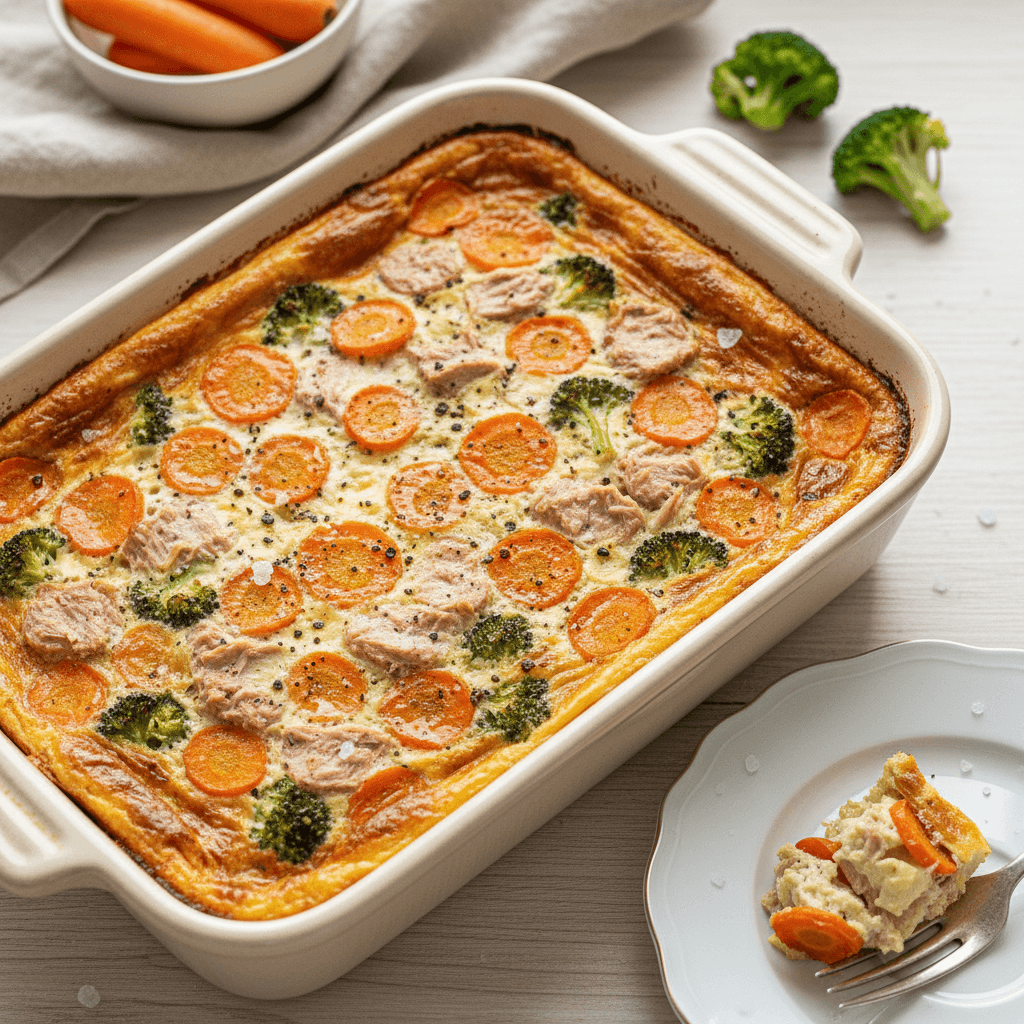 Tuno ir brokolių apkepas su morkomis, patiektas kepimo formoje su šviežiomis prieskoninėmis žolelėmis.