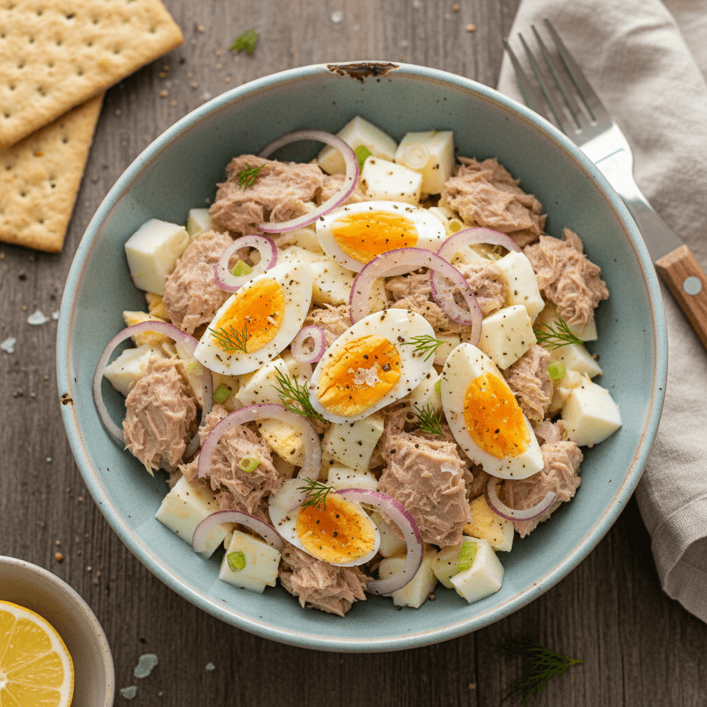 Lėkštėje patiektos tuno ir kiaušinių salotos su šviežiais krapais ir citrinos skiltele.