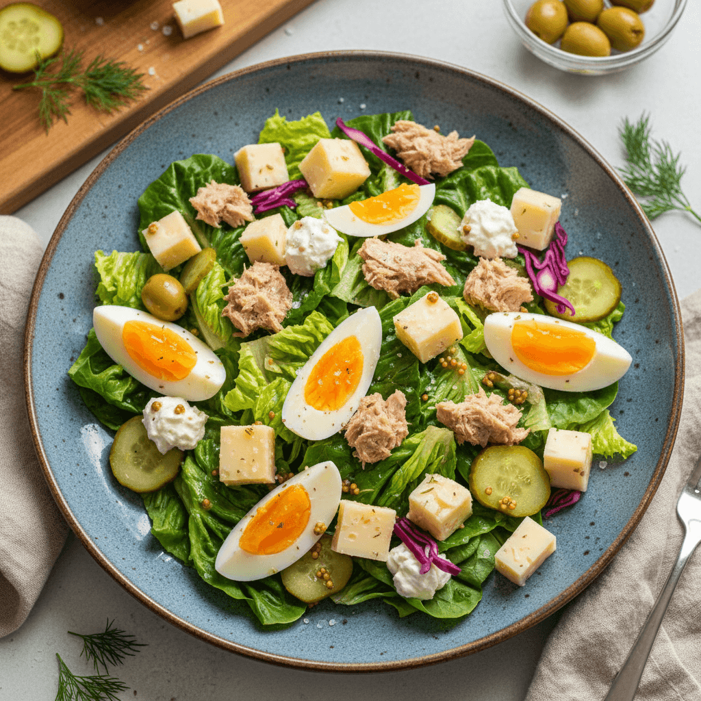 Gaivios tuno ir sūrio salotos su kiaušiniais ir marinuotais agurkais dideliame dubenyje