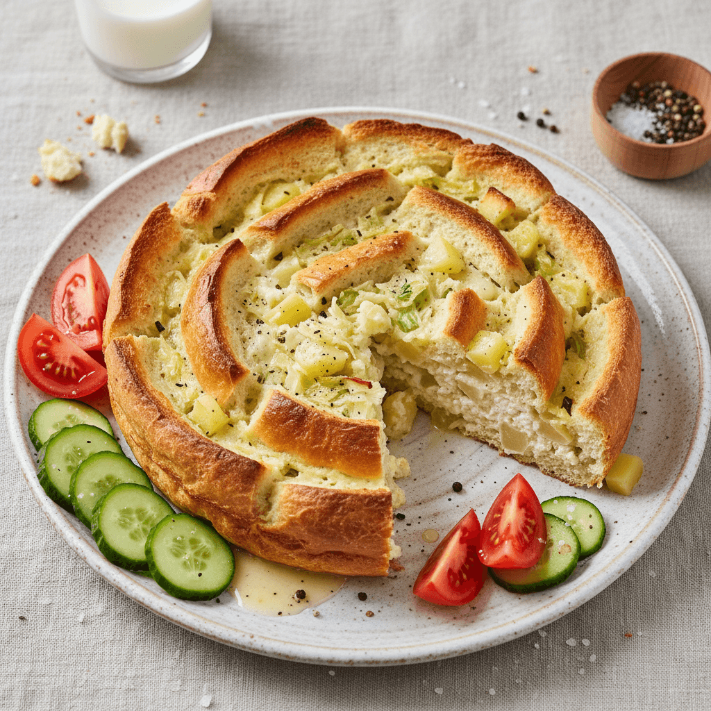 Auksinės spalvos varškės apkepas su matomais batono gabalėliais, patiektas su šviežiomis daržovėmis: salotomis, agurko ir pomidoro kubeliais.