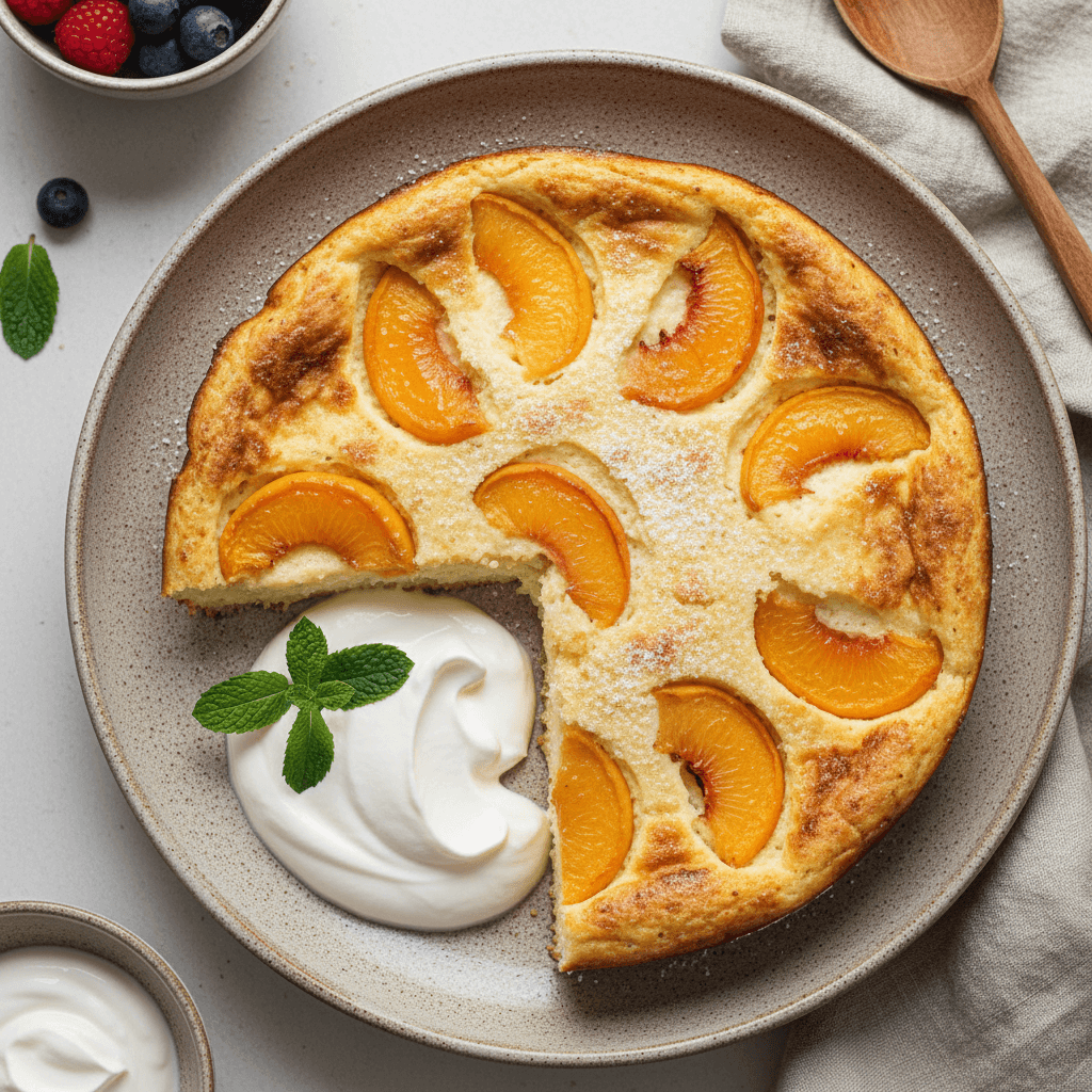 Auksinis varškės apkepas su konservuotais persikais, patiektas ant lėkštės su jogurtu.