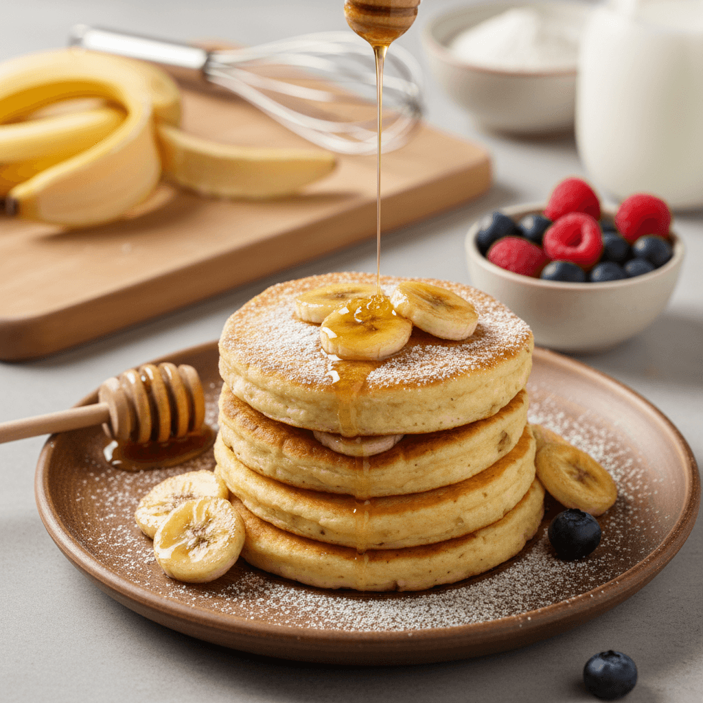 Purūs varškės blynai su bananais, išdėlioti lėkštėje, aplink vaisiai.