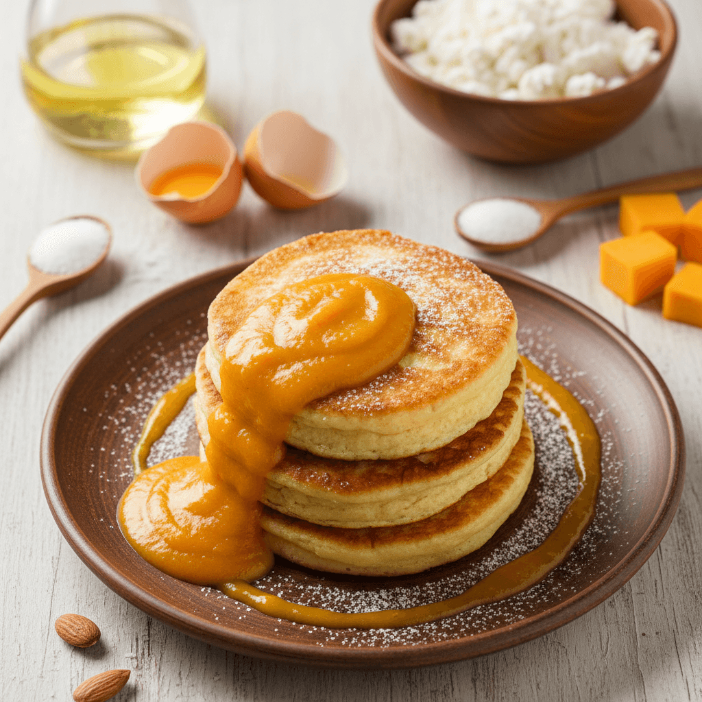 Auksinės spalvos varškės blyneliai su ryškiu oranžiniu moliūgų padažu, patiekti lėkštėje.