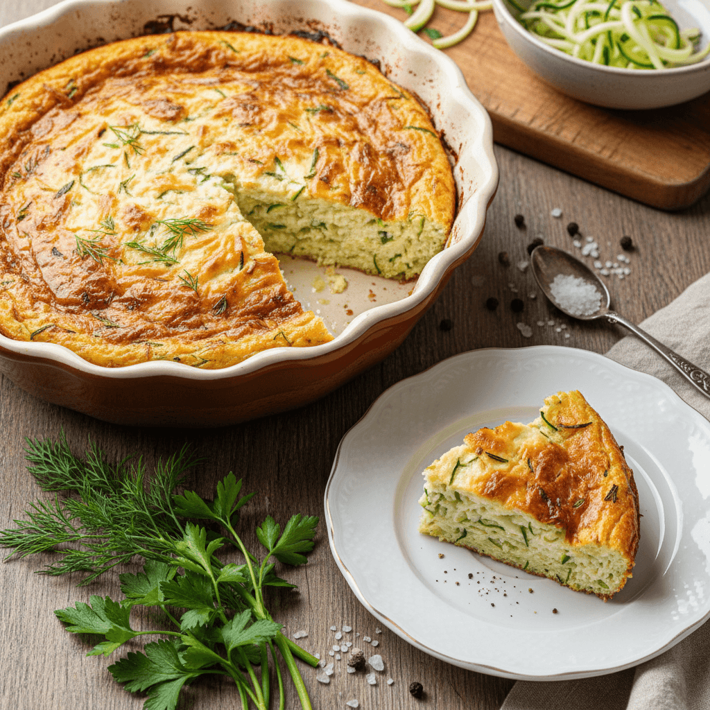 Auksinis, keptas varškės ir cukinijų apkepas, supjaustytas kvadratėliais, papuoštas šviežiais krapais.