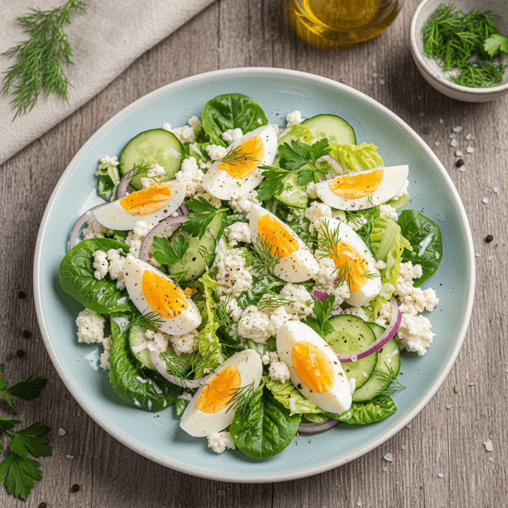 Šviežios varškės ir kiaušinių salotos su žaliais lapais, patiektos lėkštėje.