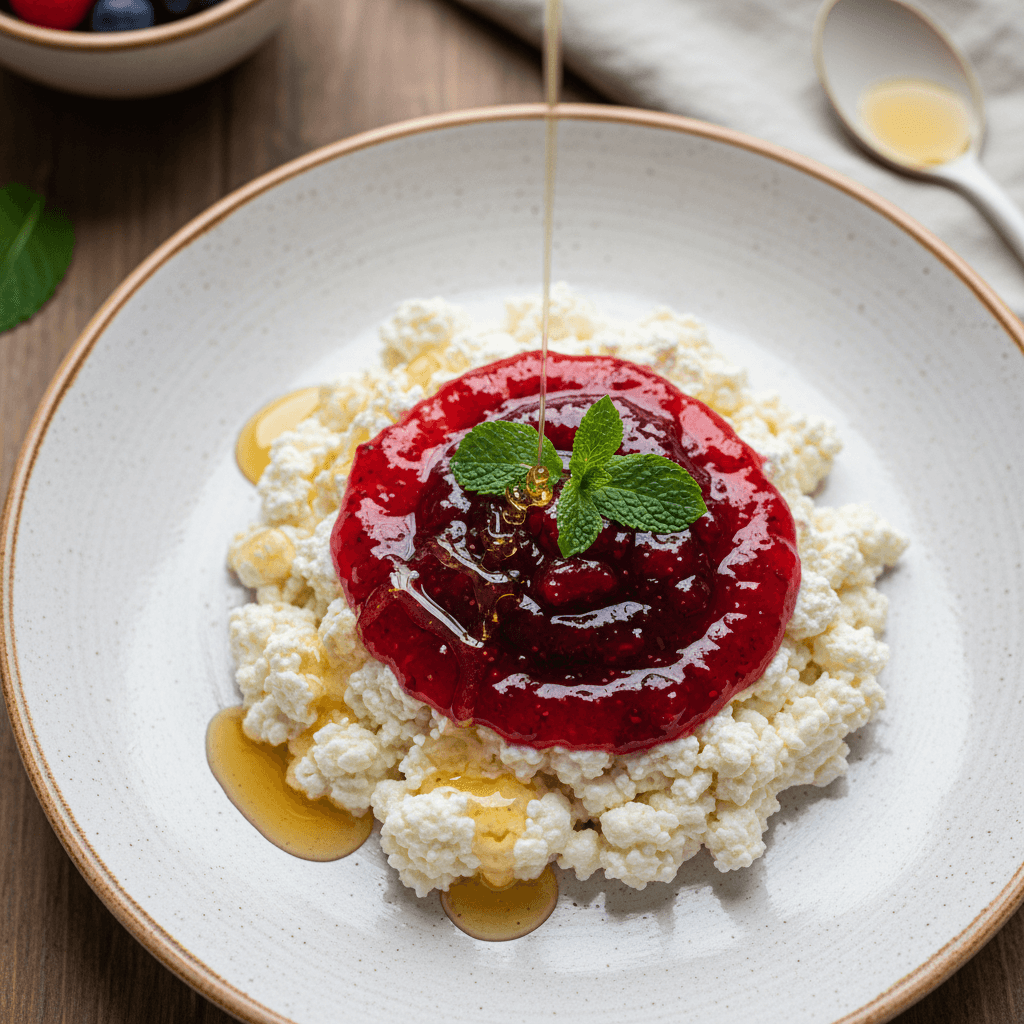 Dubuo kreminės varškės sūrelio su ryškiu raudonu džemu viršuje ir šviežios mėtos šakele, paruoštas pusryčiams.