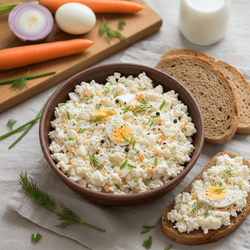 Lėkštėje patiekta varškės užtepėlė su kietai virtais kiaušiniais ant duonos riekelių, papuošta šviežiomis daržovėmis.