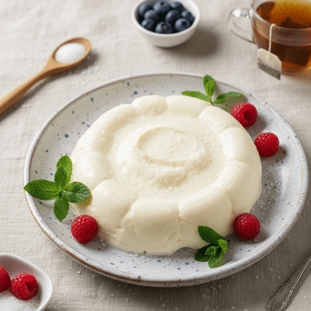 Gaivus varškės želatinos desertas, supilstytas į stiklinius indelius, puoštas mėtų lapeliais.