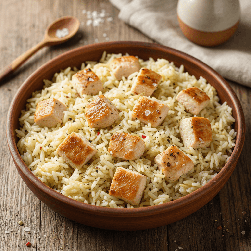 Lėkštė su kepta vištiena ir puriais ilgaisiais ryžiais, pabarstyta prieskoniais.