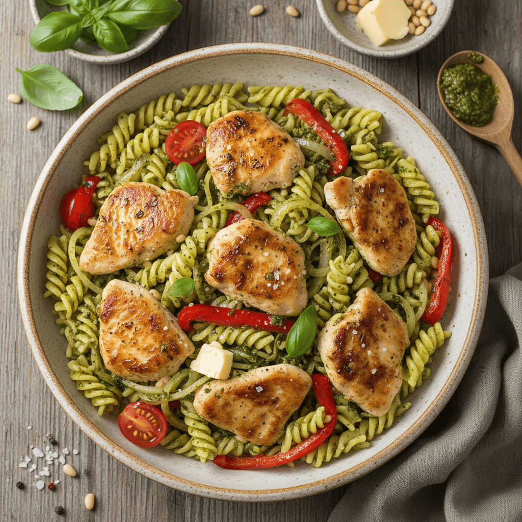 Lėkštė vištienos su makaronais ir pesto padažu, apibarstyta šviežiomis žolelėmis.