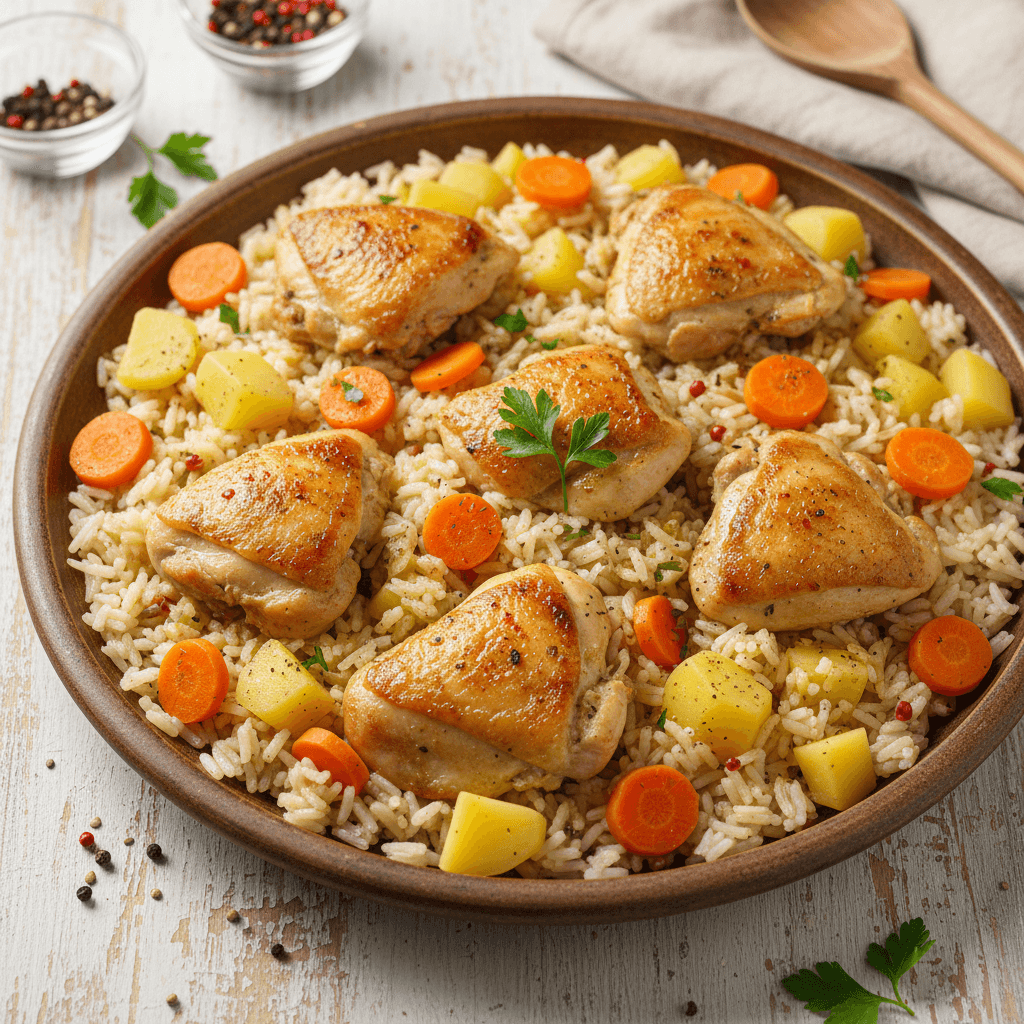 Lėkštė su vištiena, ryžiais, bulvėmis ir morkomis, patiekta ant stalo.