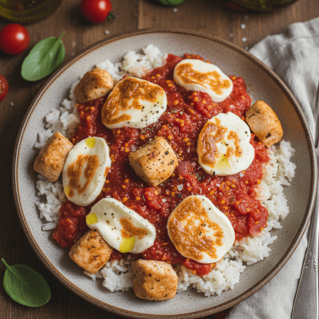 Vištiena su ryžiais ir tirpstančia mocarela ir pomidorų padažu, patiekta keptuvėje.