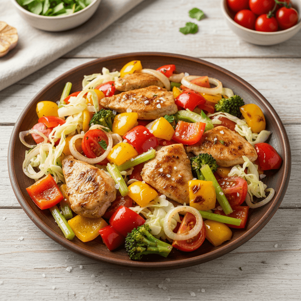 Spalvingas vištienos filė patiekalas su įvairiomis daržovėmis, tokiomis kaip brokoliai, paprikos ir pomidorai, patiektas lėkštėje.