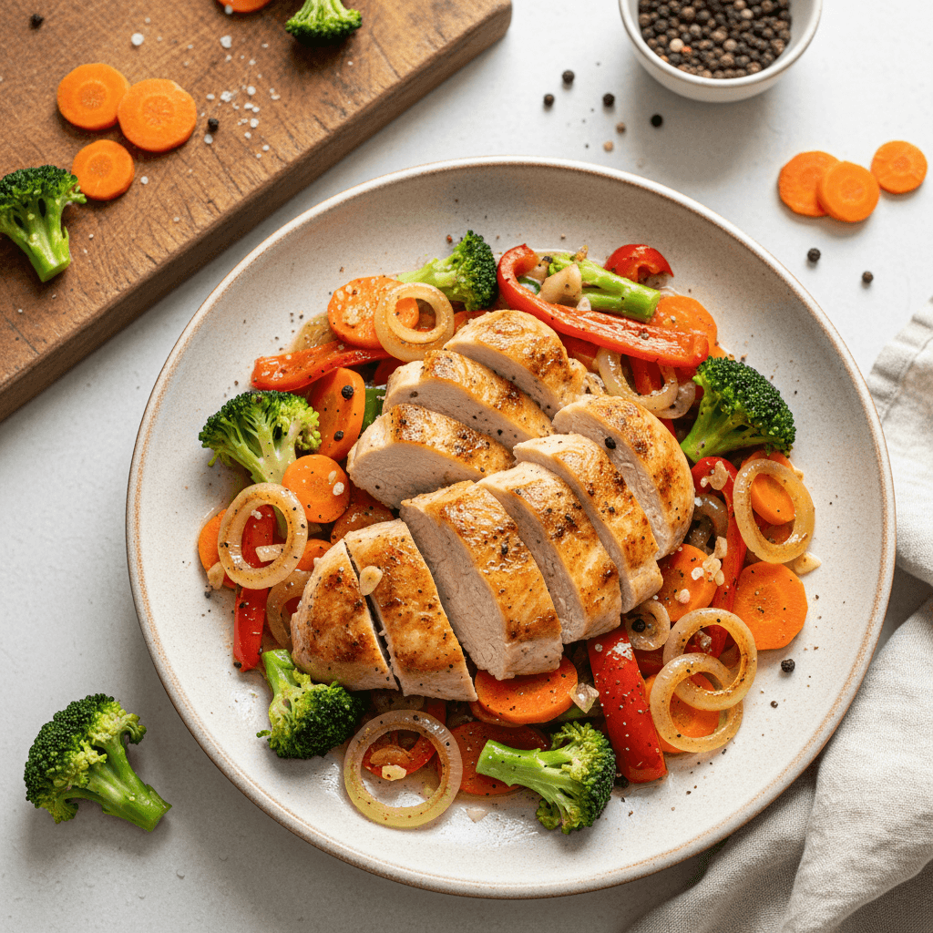 Lėkštė su vištienos filė gabalėliais ir spalvingomis keptomis daržovėmis, tokiomis kaip morkos, brokoliai ir paprika, papuošta šviežiomis žolelėmis.