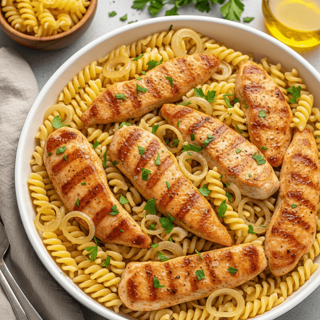 Patraukliai atrodanti vištienos filė su makaronais, papuošta šviežiomis žolelėmis, patiekta lėkštėje.