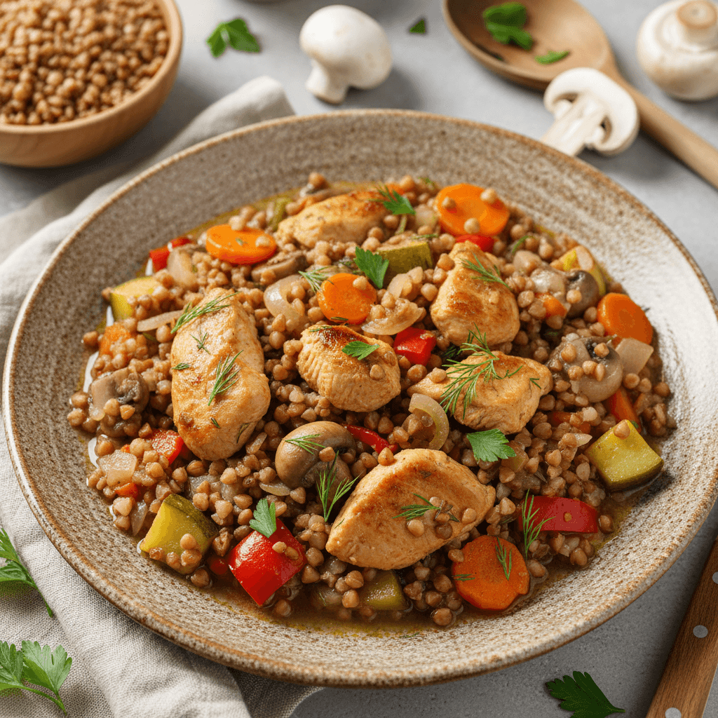 Sotus vištienos ir grikių troškinys su spalvingomis daržovėmis, patiektas dubenyje.