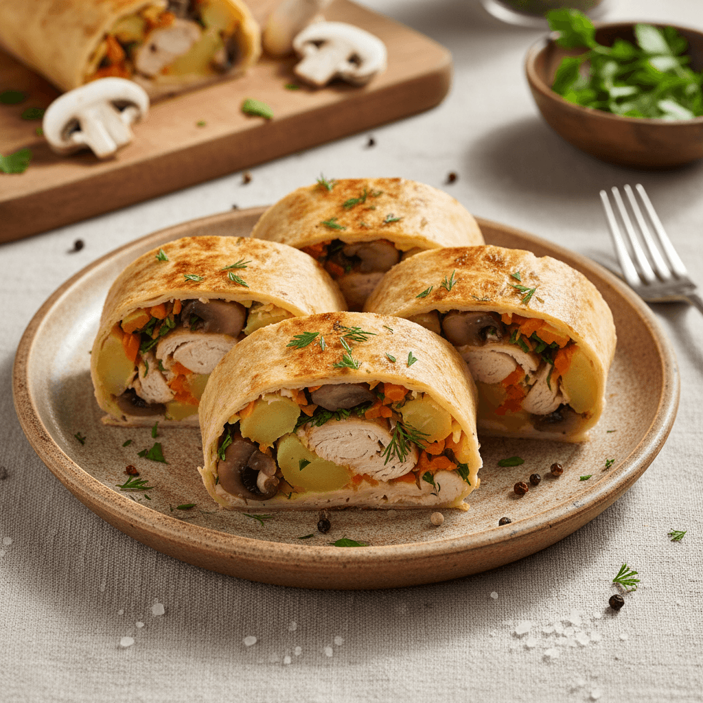 A golden-brown baked lavash roll filled with chicken, mushrooms, potatoes, and carrots, sliced on a wooden board.