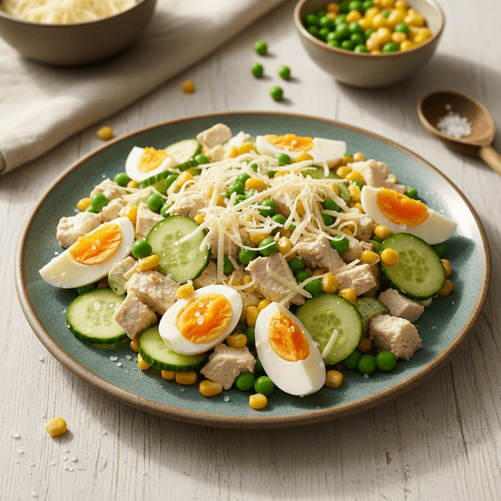 Gaivios vištienos krūtinėlės salotos su virtuviniais kiaušiniais, agurkais, žirneliais, kukurūzais ir sūriu, sumaišytos su grietinės ir majonezo padažu.