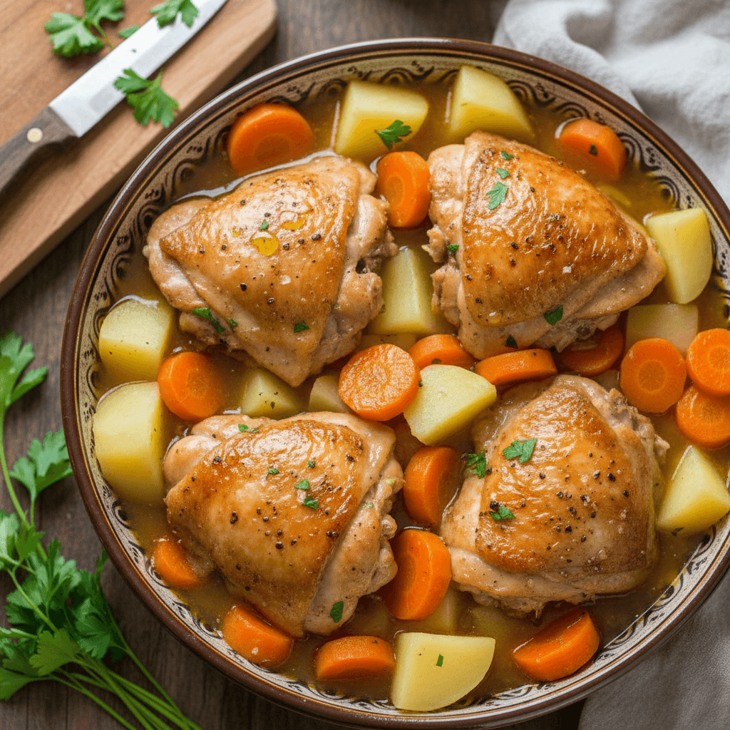 Sotus vištienos šlaunelių ir daržovių troškinys su bulvėmis ir morkomis viename puode, papuoštas žalumynais.