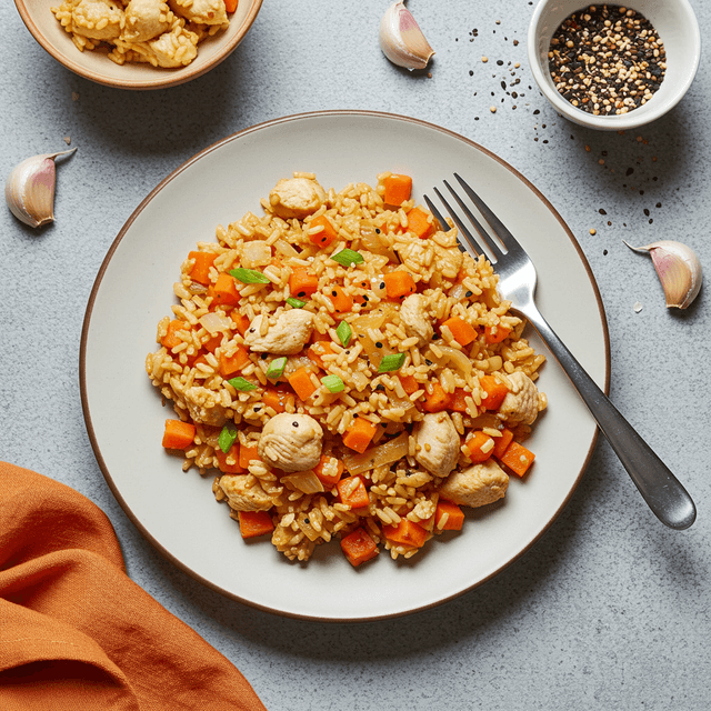 Nedidelis vištienos ir ryžių stir-fry užkandis su morkomis ir svogūnais keptuvėje.