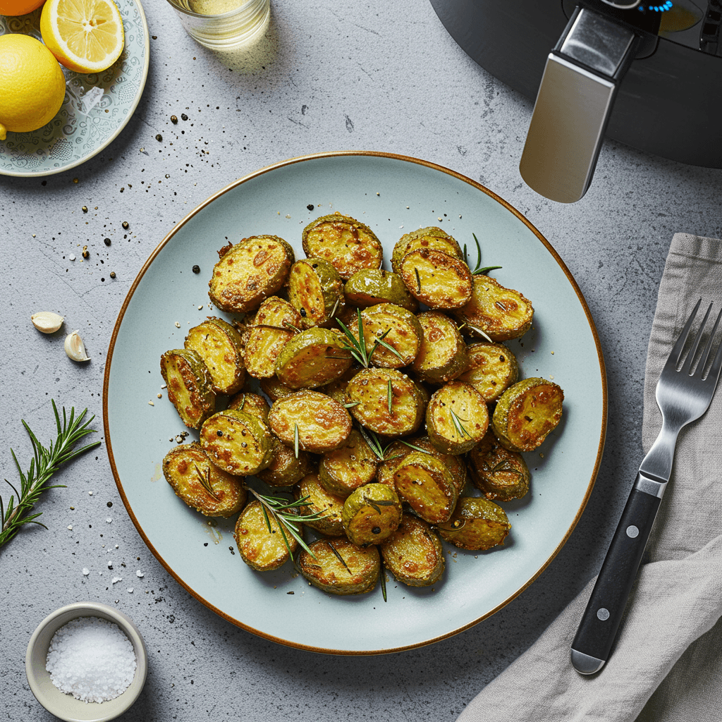 Close up of air fried 'sonine' pieces with herbs
