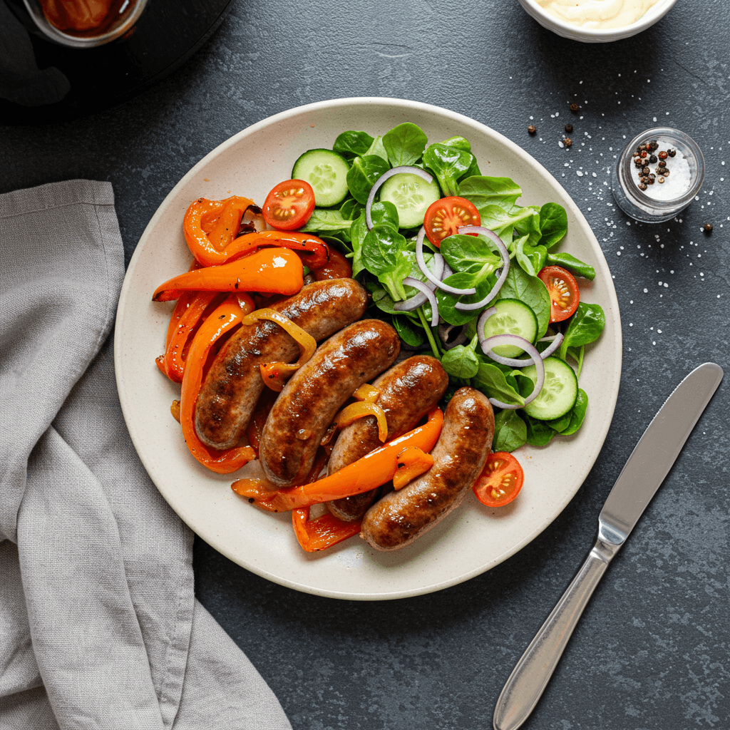 Air fried sausages with roasted bell pepper strips and a side of fresh cucumber and tomato salad.
