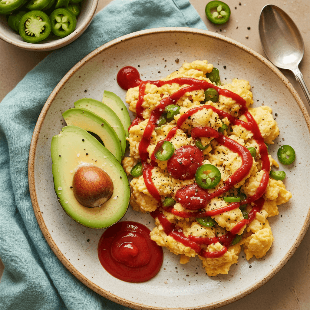Aštri kiaušinienė su avokado kubeliais, apšlakstyta sriracha ir kečupu.