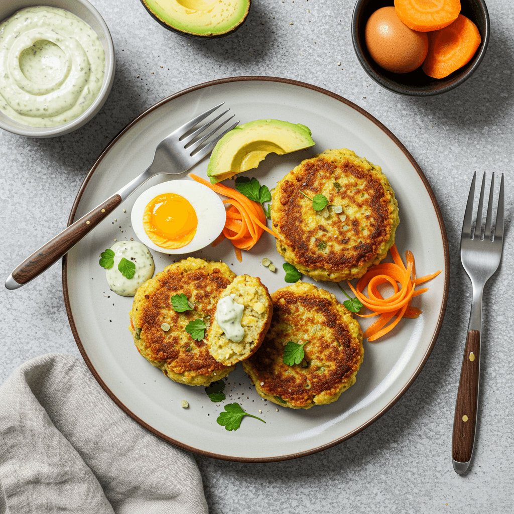 Golden pan-fried fish cakes served with a side of green avocado mash