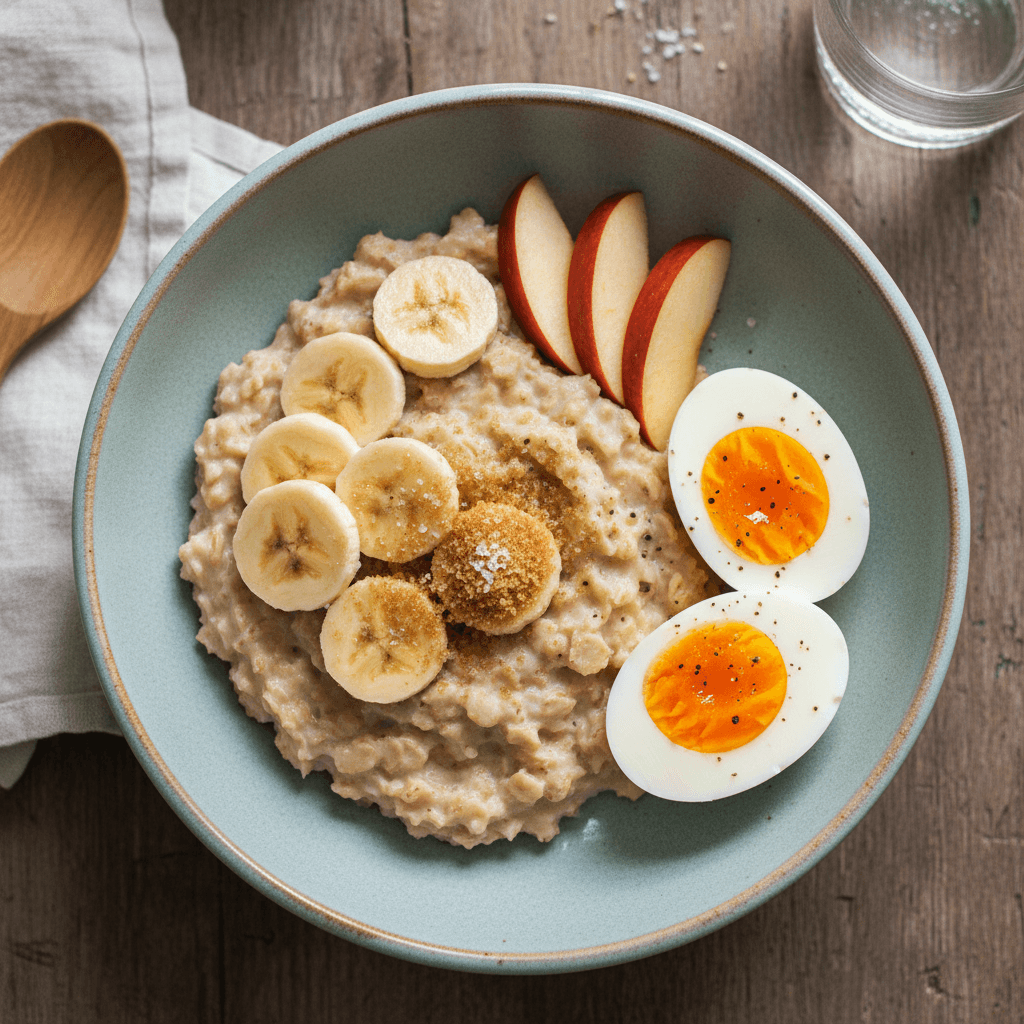 Dubuo avižinės košės su supjaustytu bananu, obuoliu ir dviem perpus perpjautais virtais kiaušiniais.