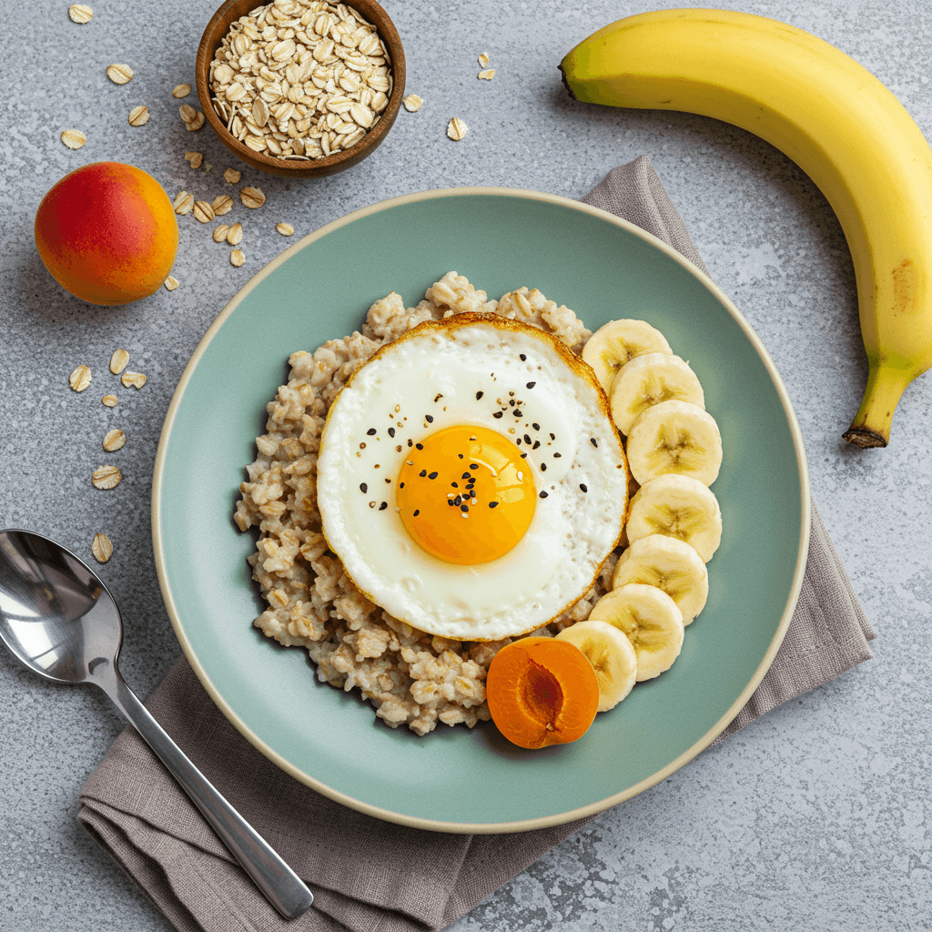 Gourmet avižų košės dubenėlis su keptu kiaušiniu, karamelizuotais bananais ir abrikosais