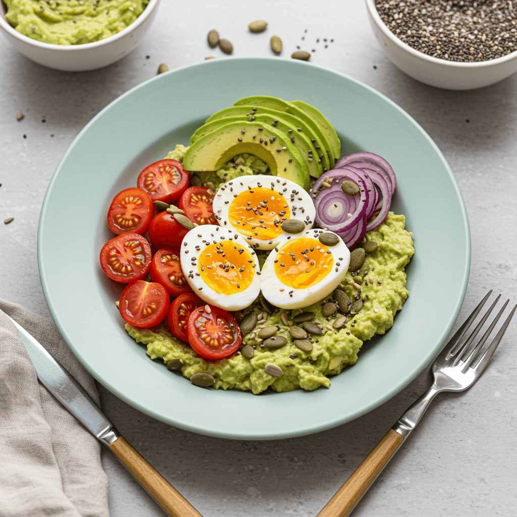 Avocado Egg and Seed Breakfast Bowl