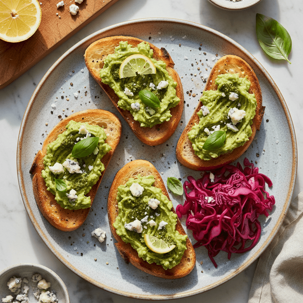 Avokado skrebučiai su pesto ir mėlynuoju sūriu