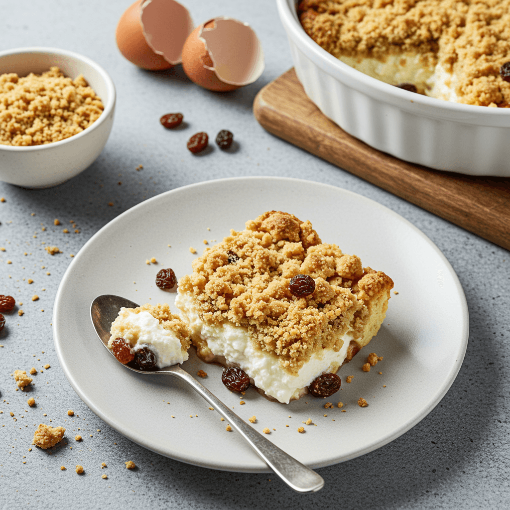 Baked Curd Cheese and Raisin Dessert with Biscuit Crumble