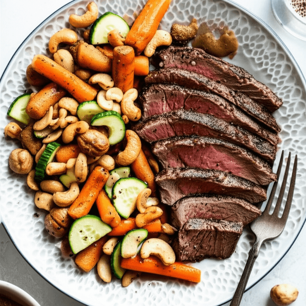A plate with beef steak strips, fresh carrots, cucumbers, and cashews, served on a wooden board.