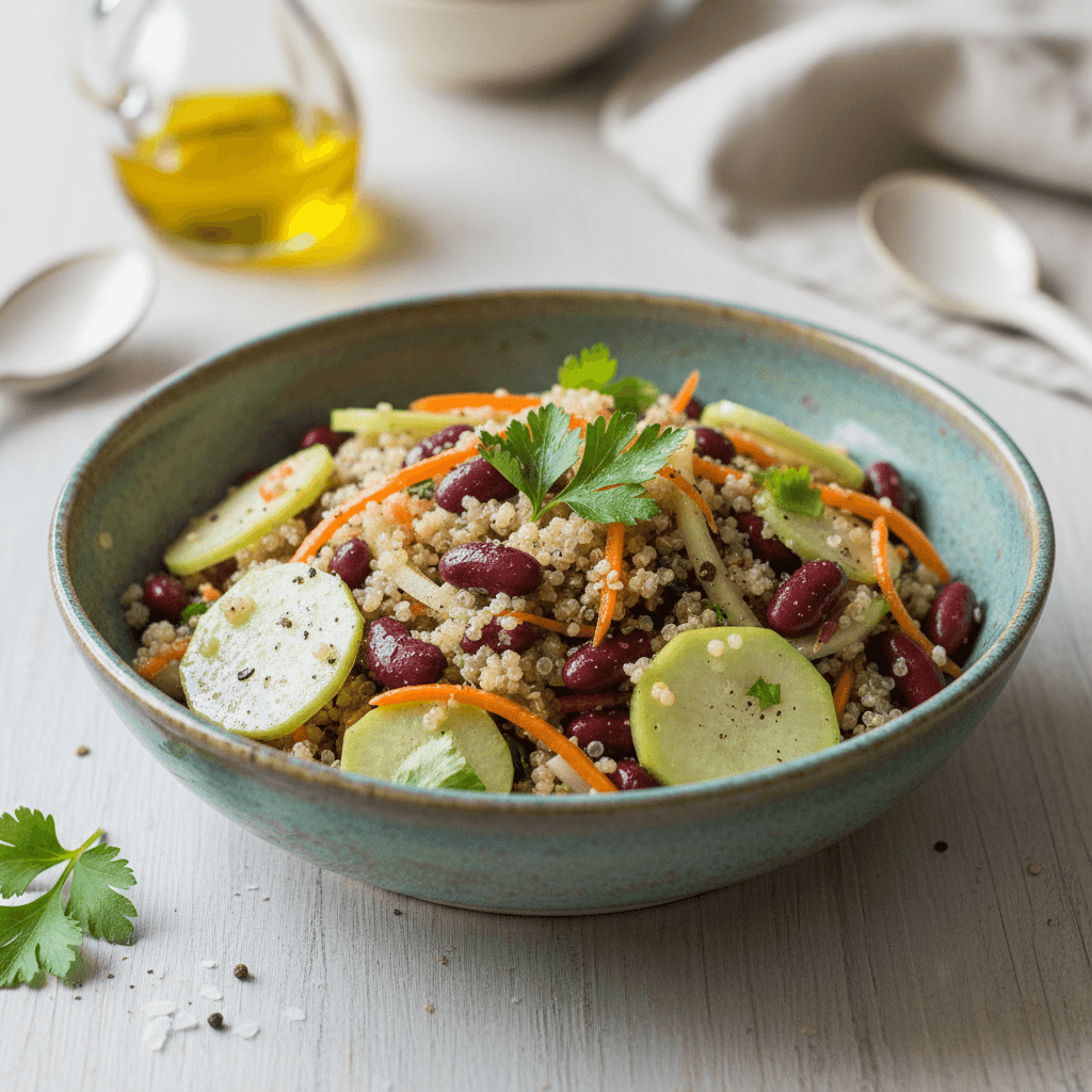 Spalvingos bolivinės balandos ir pupelių salotos su tarkuota kaliarope ir morkomis, patiektos lėkštėje.