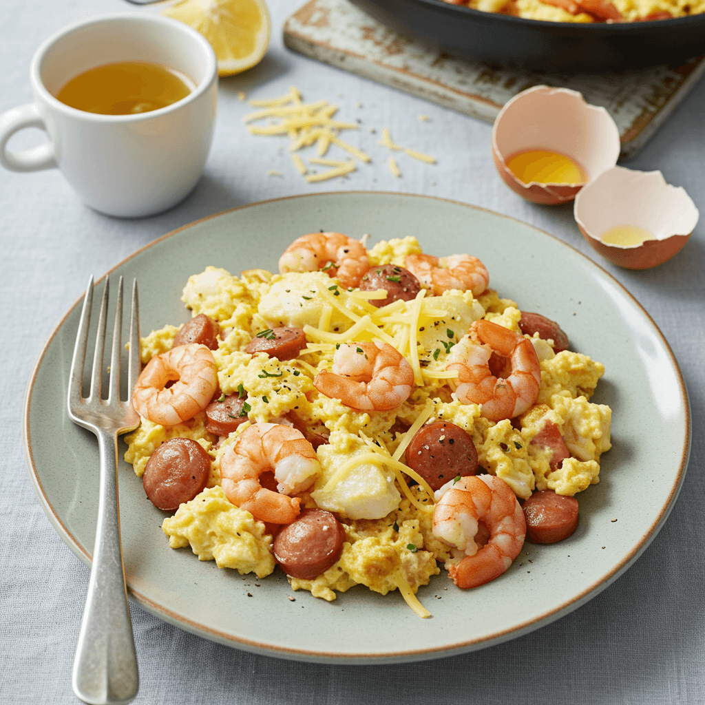 Budget Sausage Shrimp and Fish Scramble