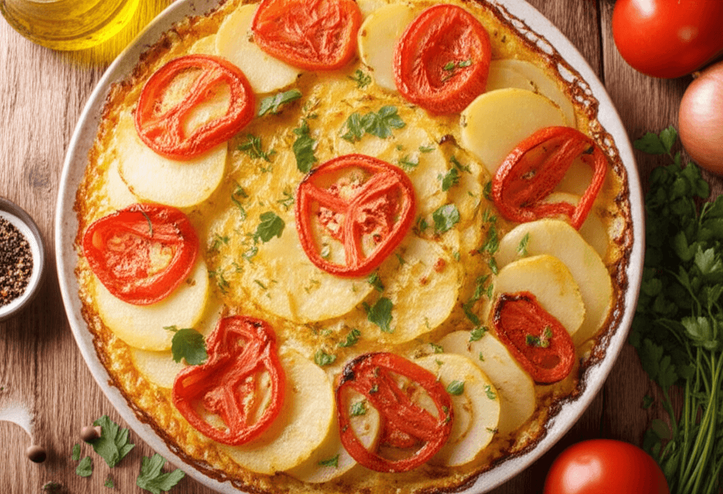 Bulvių ir kiaušinių apkepas su pomidorais