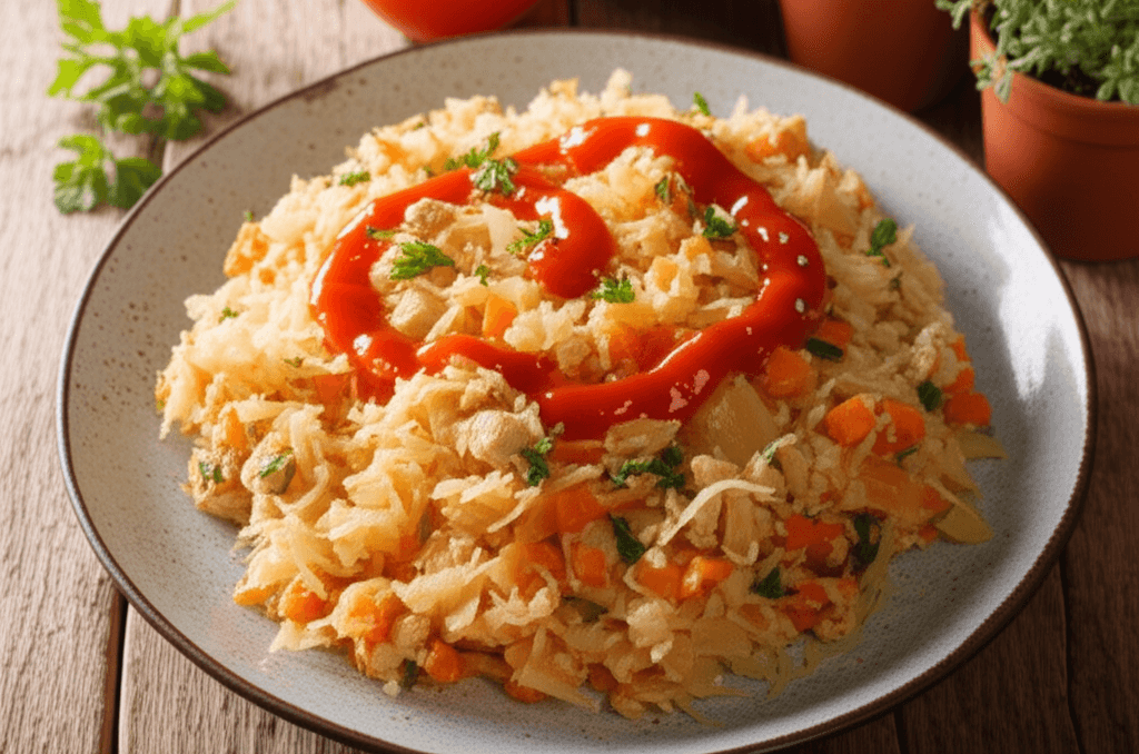 Cabbage stew with ground chicken served in a deep bowl, with herbs around.