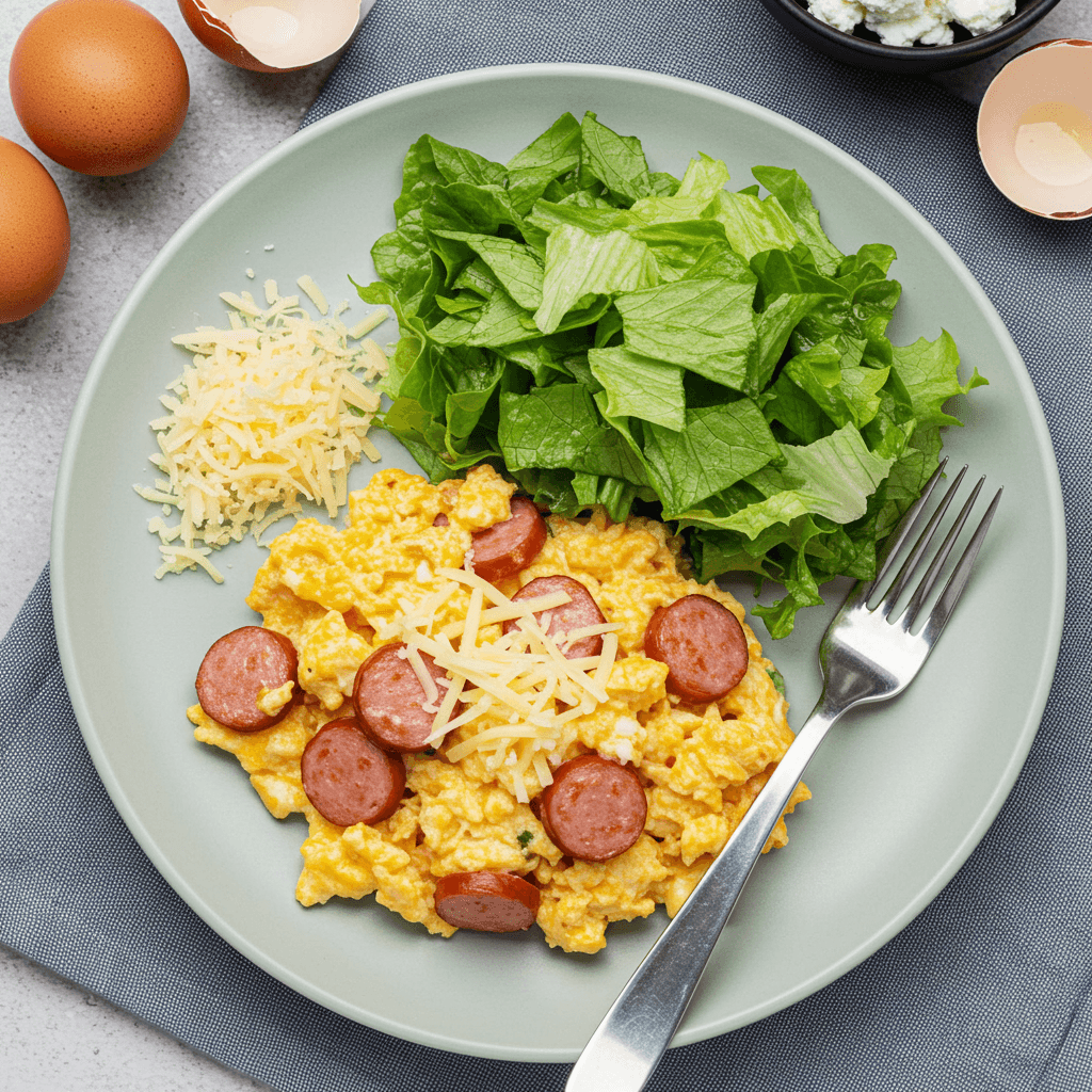 Cheesy Sausage Egg Scramble with Curd Cheese and Salad