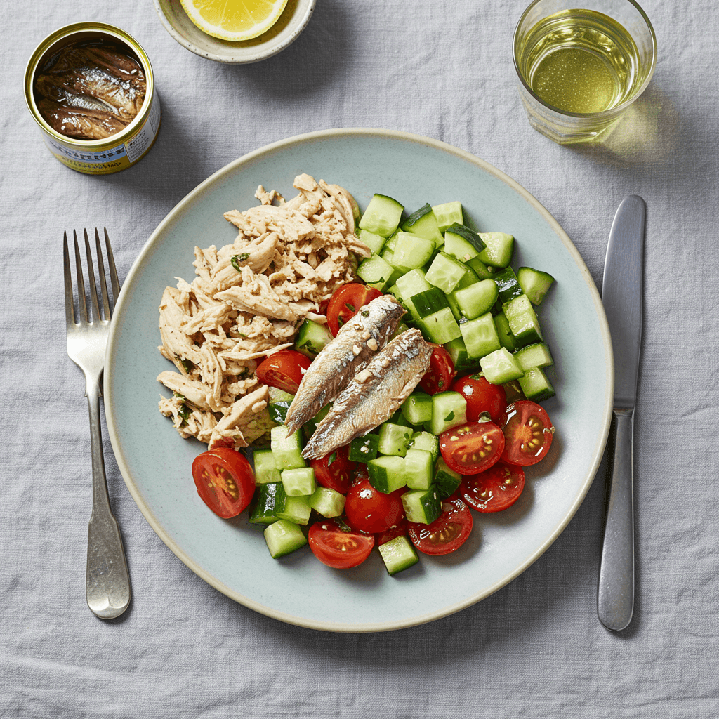 Unique salad with chicken, sardines, cucumber, and brined tomatoes