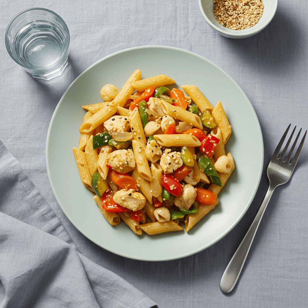 Plate of chicken and vegetable pasta