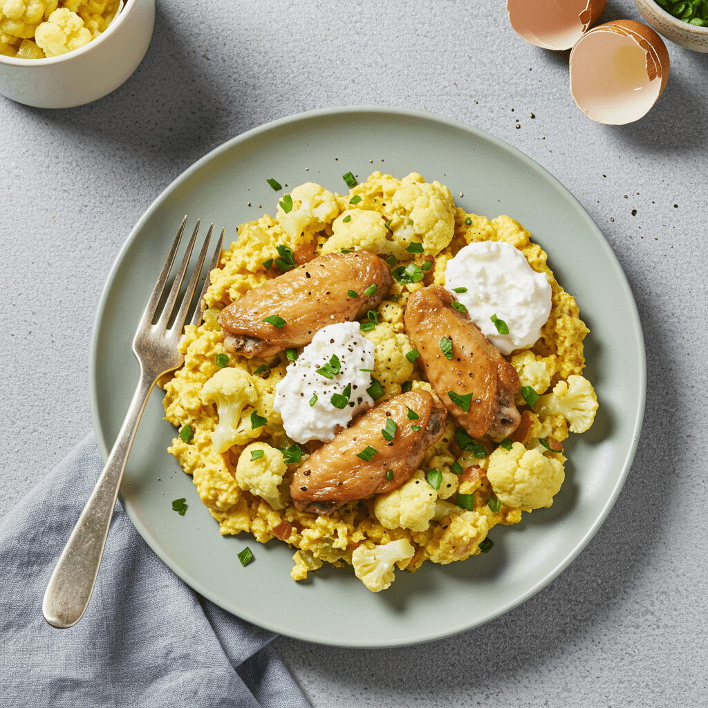 Chicken Wing Scramble with Cauliflower and Cottage Cheese