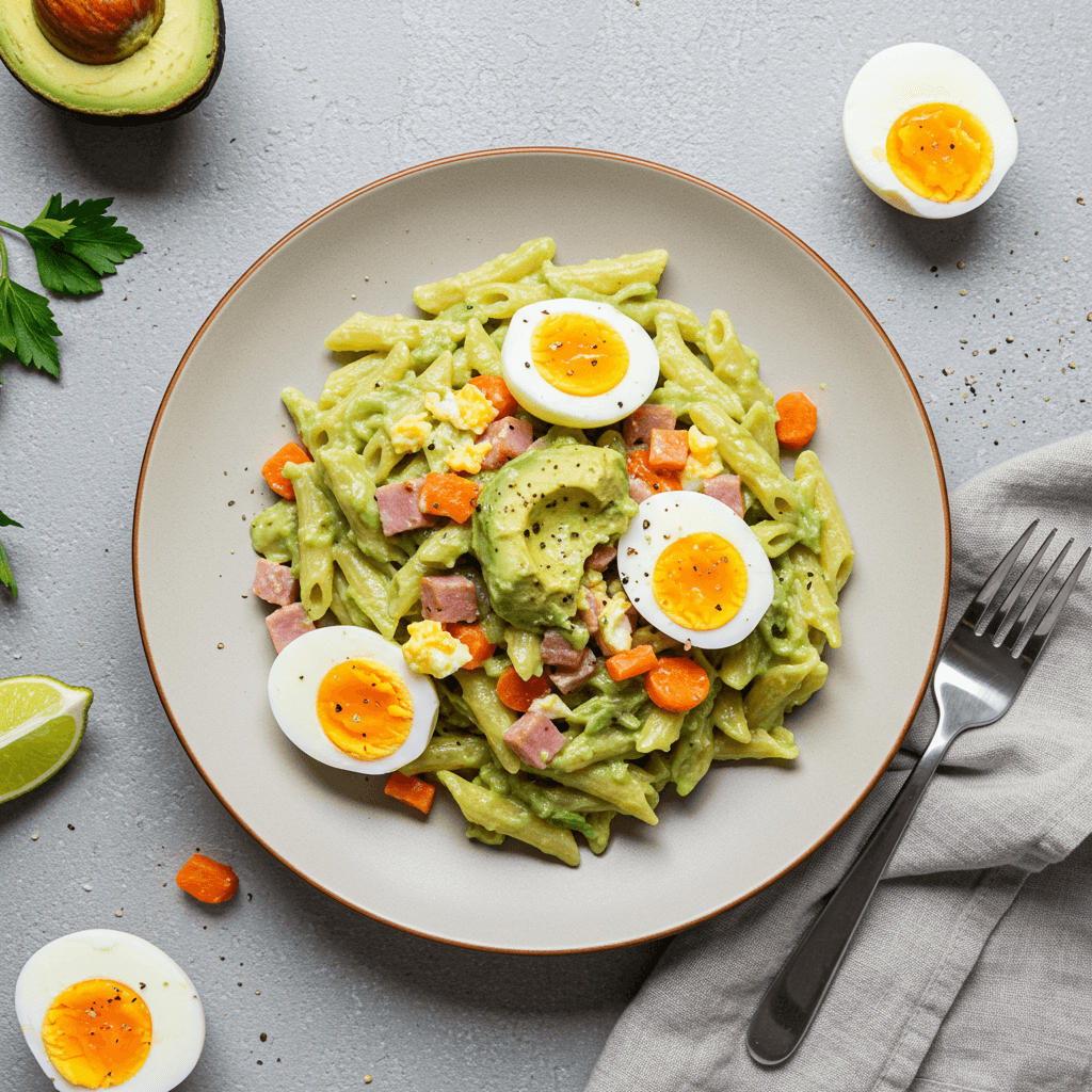 Creamy Avocado Pasta with Ham and Eggs