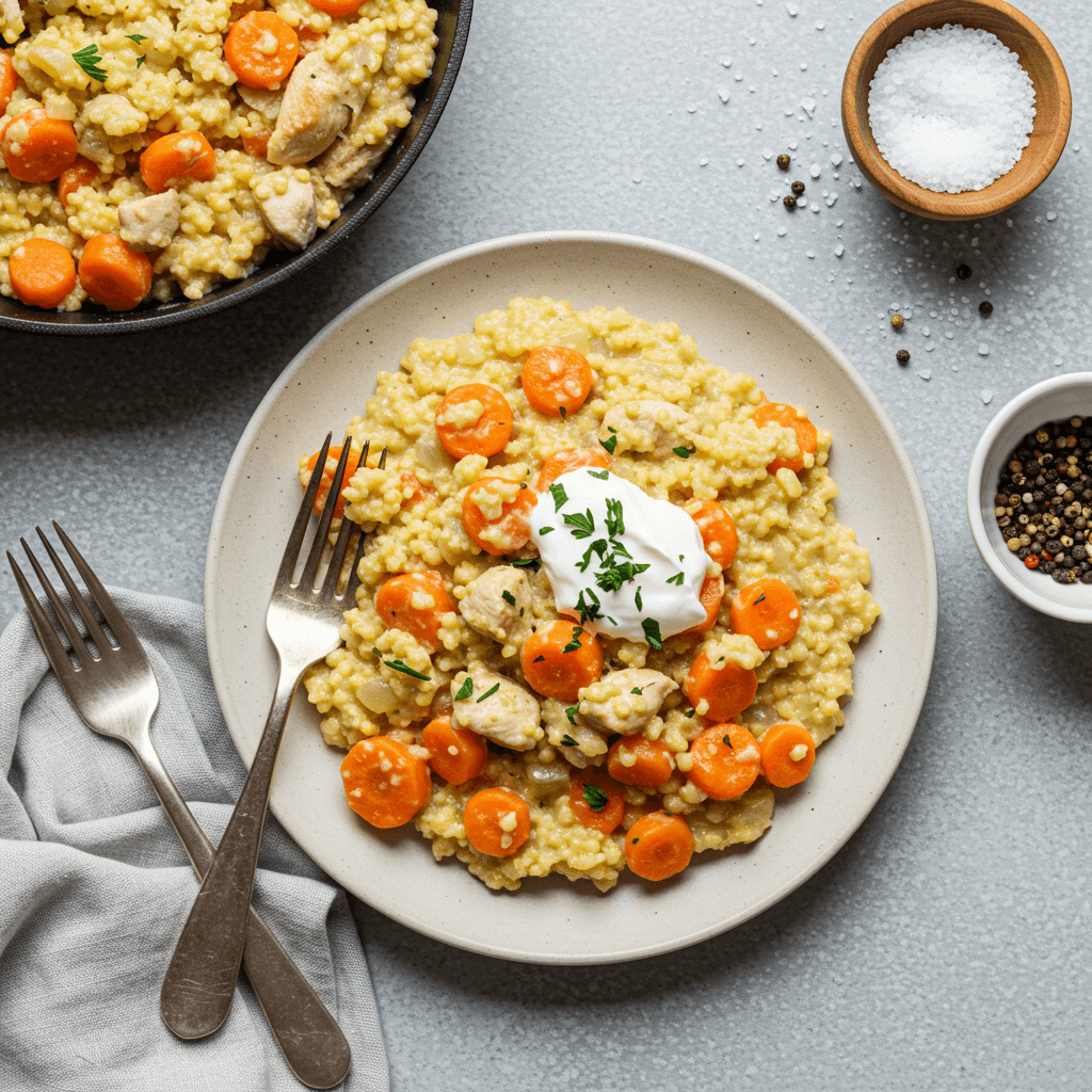 Creamy chicken and millet dish with carrots in a skillet
