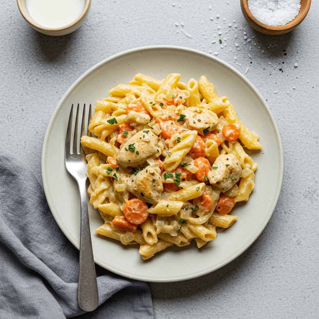 Creamy Chicken Pasta with Carrots and Onion