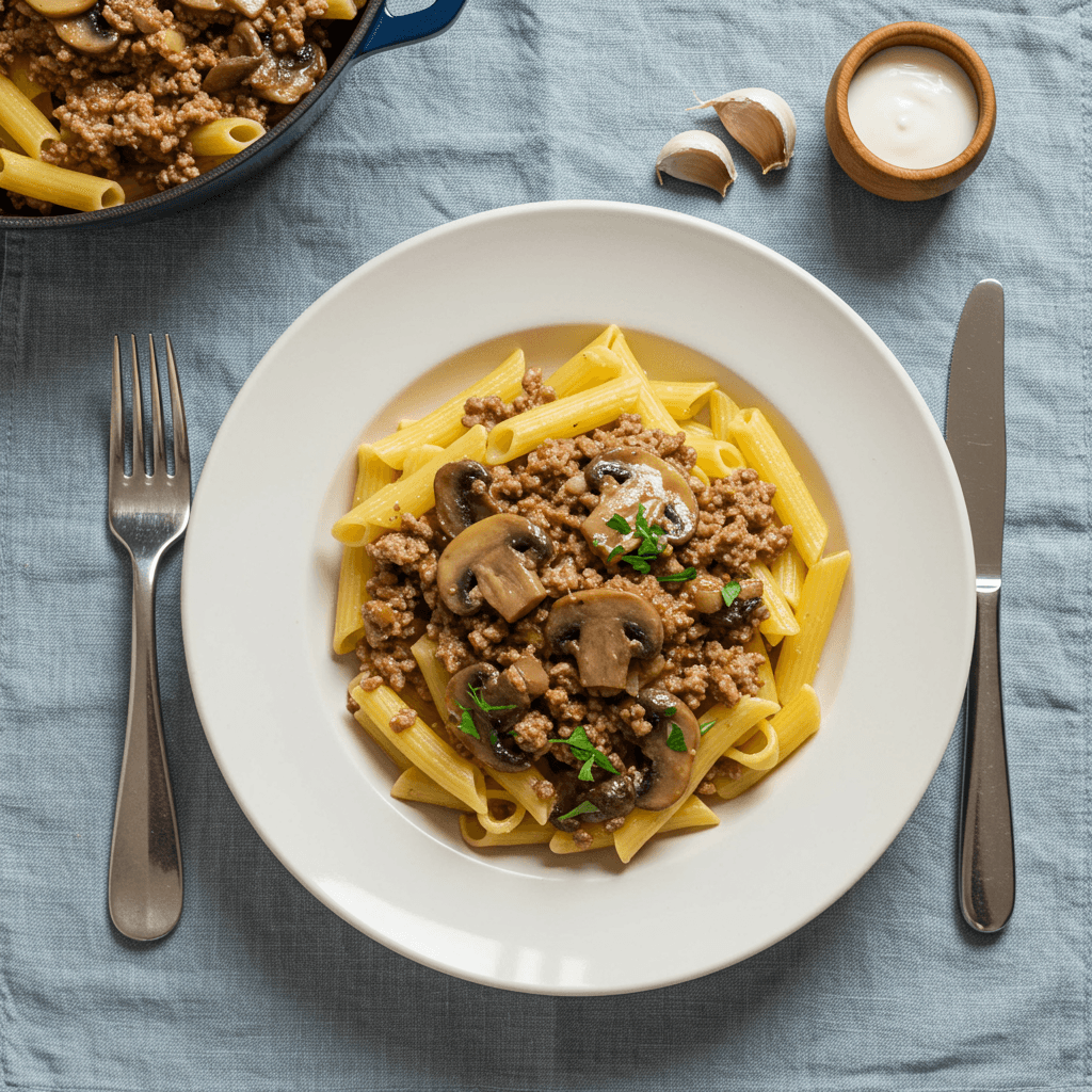 Rich and creamy ground meat and mushroom ragu served in a bowl, garnished with fresh herbs.