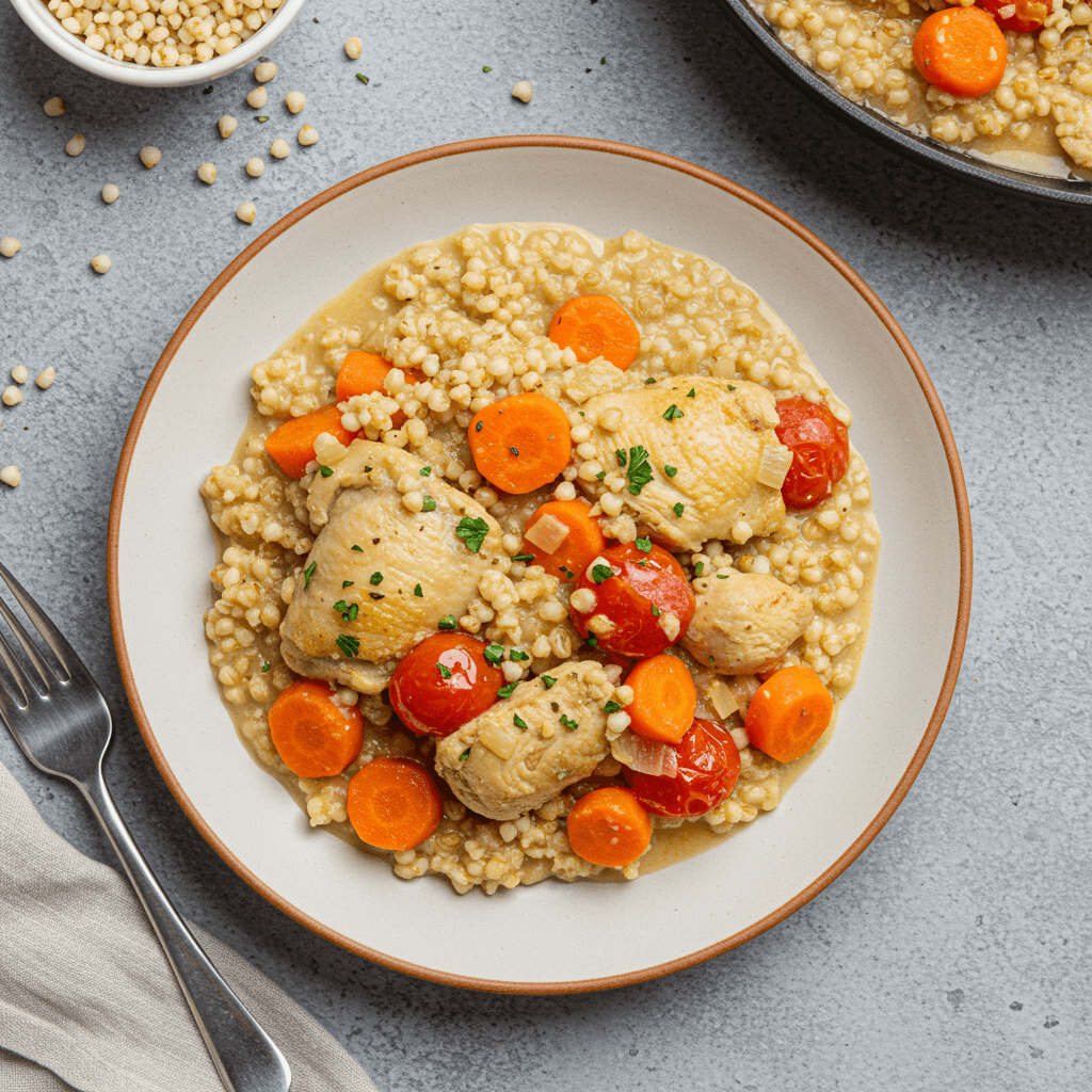 Creamy sorghum stew with chicken, carrots, tomato, and egg