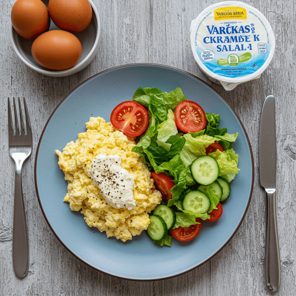 Curd Cheese and Egg Scramble with Fresh Salad